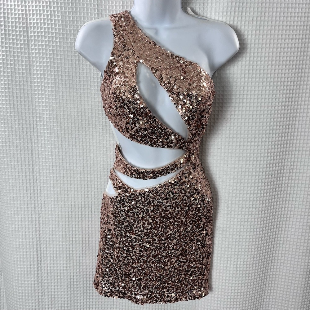 Banjul One Shoulder Sequin Dress in Rose Gold size small